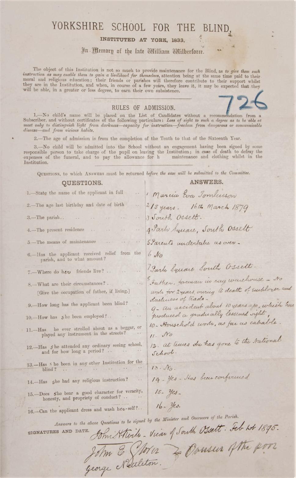 Entry in the Wilberforce Memorial Pupils Register for Marcia Eva Tomlinson. The form is printed, with questions down the left hand side numbered 1 to 16, and space for the handwritten answers, in black ink, down the right hand side.